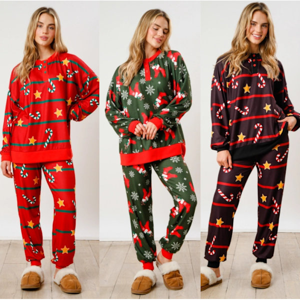 Dam Candy Cane Julpyjamas Randig Loungeset Jul-PJs Set red M