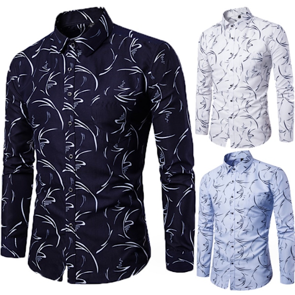 Modeherrskjorta Casual Blommig Bomulls Skjorta för Män Dark Blue M