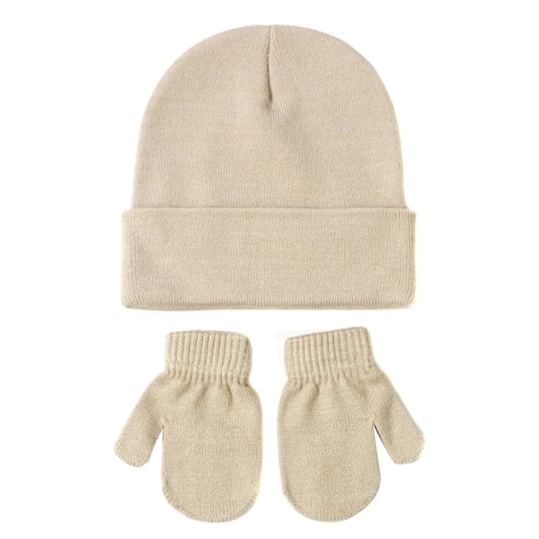 Vintermössa och Vantar Set för Barn Stickad Pullover Mössa beige S