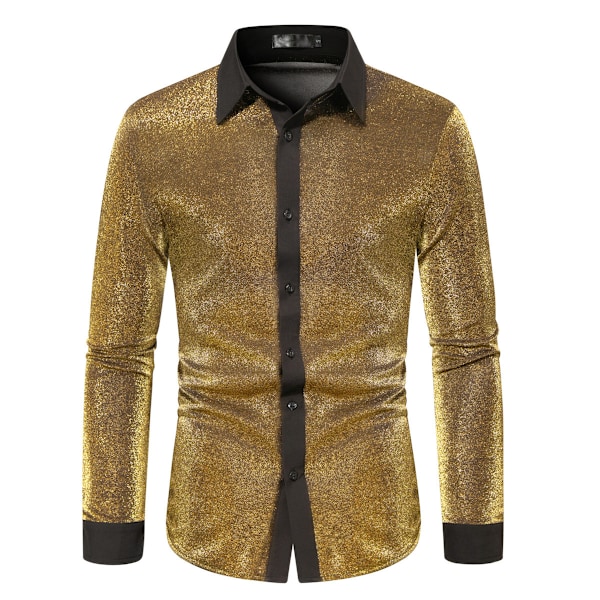 Herrar Knappfront Långärmad Glitter Lapel Krage Skjorta gold S