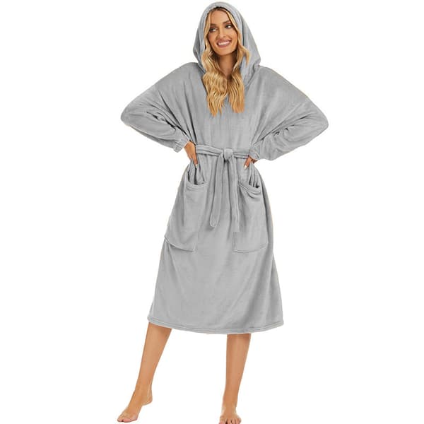 Dobbeltsidet Fleece Hættebadekåbe – Lang Pullover Badekåbe med Bælte til Hjem og Hotel LightGrey