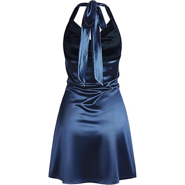 Kvinners Halterneck Satin Minikjole Sexy Silkekjole Navy blue L