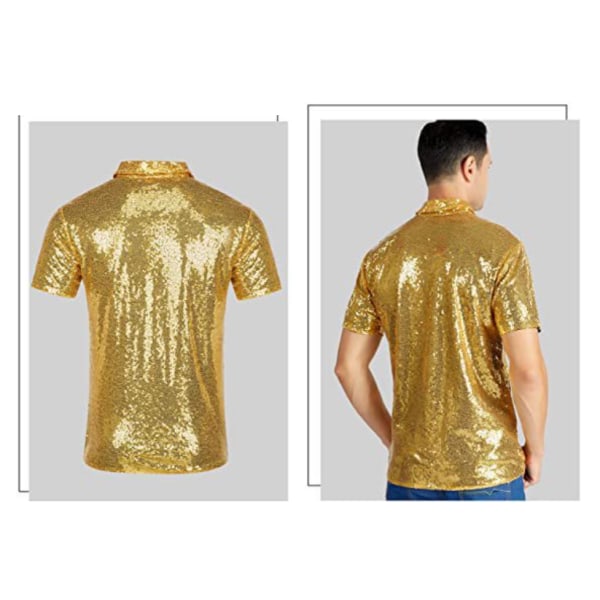 Glittrande paljett-T-shirt med kort ärm och nedfälld krage för män Gold L