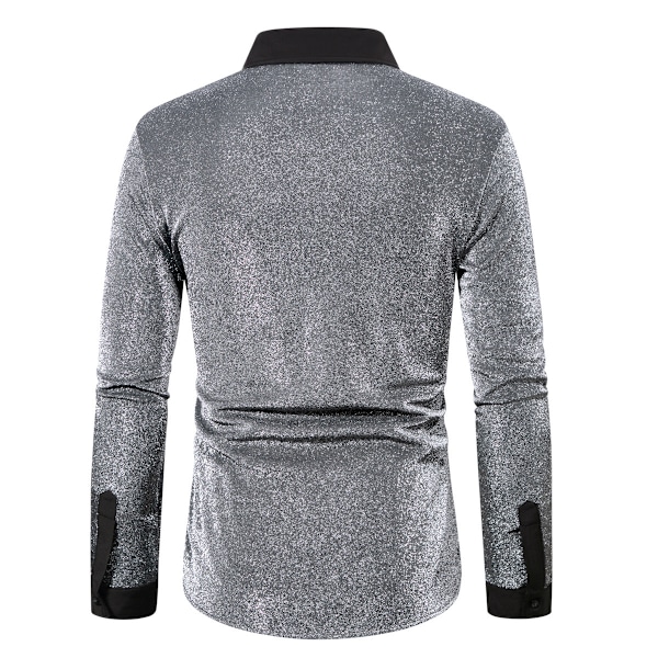 Herrar Knappfront Långärmad Glitter Lapel Krage Skjorta Silver L
