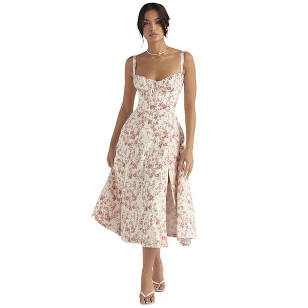 Sommerkjole for kvinner, Boho-stil, blomstermønster, firkantet hals, stropper, svingende white M