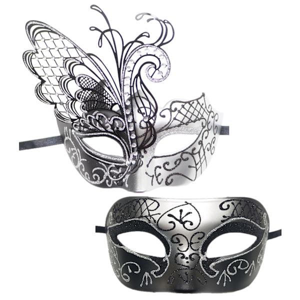 Parmask för par, metallmasker, venetianska Halloween-kostymmasker silver