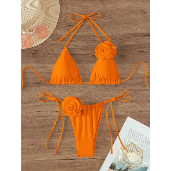 Bikini for kvinner, 2-delt, 3D-rose, høy midje, badetøy, strandklær Orange XL