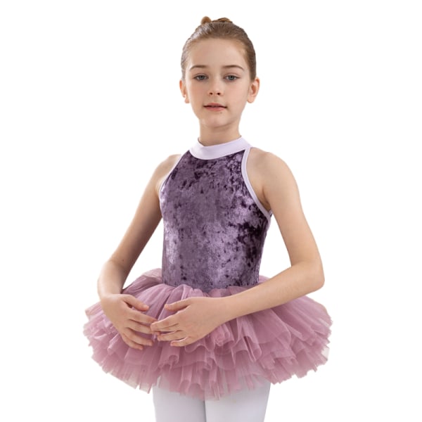 Flickor Småbarn Sammet Ärmlös Dans Balett Mesh Tutu Trikå Ballerina Outfit Purple 130cm