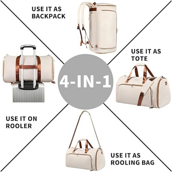 Klesduffelvesker for reise, 4 i 1 klesveske beige