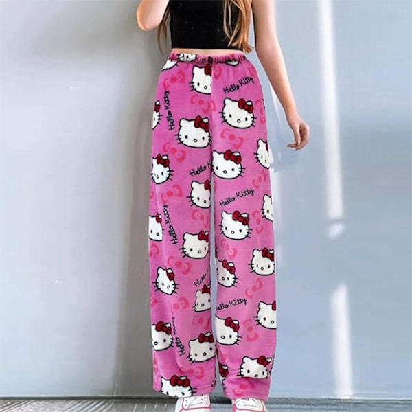 Katt-Cartoon Pyjamasbyxor för Kvinnor Flanell Bekväma Sömnbyxor pink XL