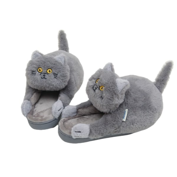 Damtofflor i plysch katt, tofflor för par, Mjuka Anti-Slip Blå Grey 36