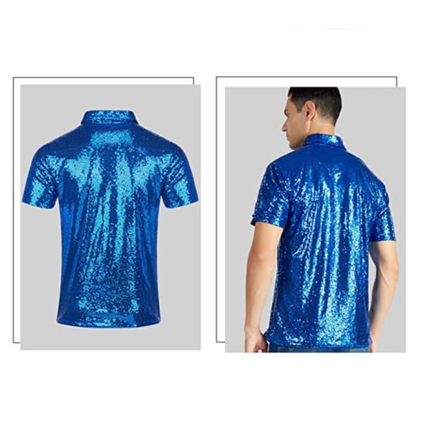 Menners Skinnende Sekvens Kort Ermet Turndown Glitter Polo T-skjorte Blue 3XL