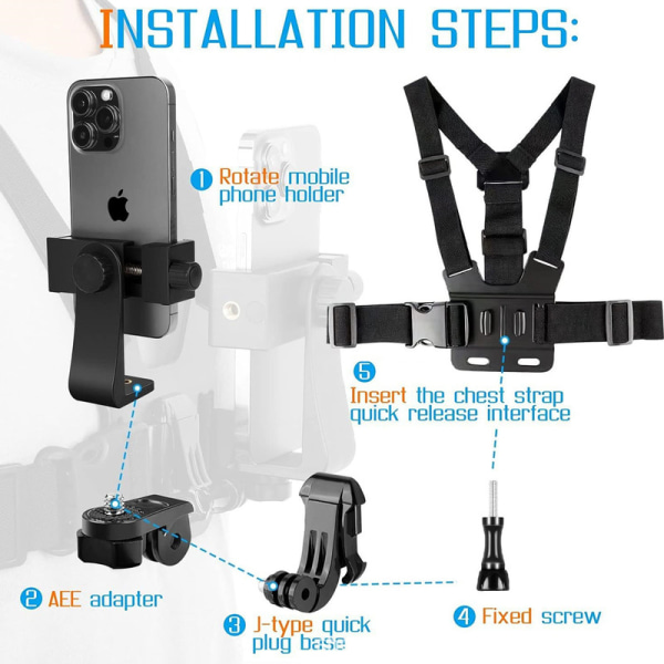 Mobiltelefon Bröstrem Sele Mount Head Strap Hållare Kit för POV/VLOG, mobiltelefon