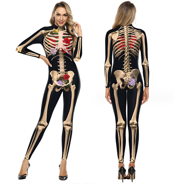 Kvinders Skelet Halloween Bodysuit Kostume Stræk Skinny Catsuit Jumpsuit black XL
