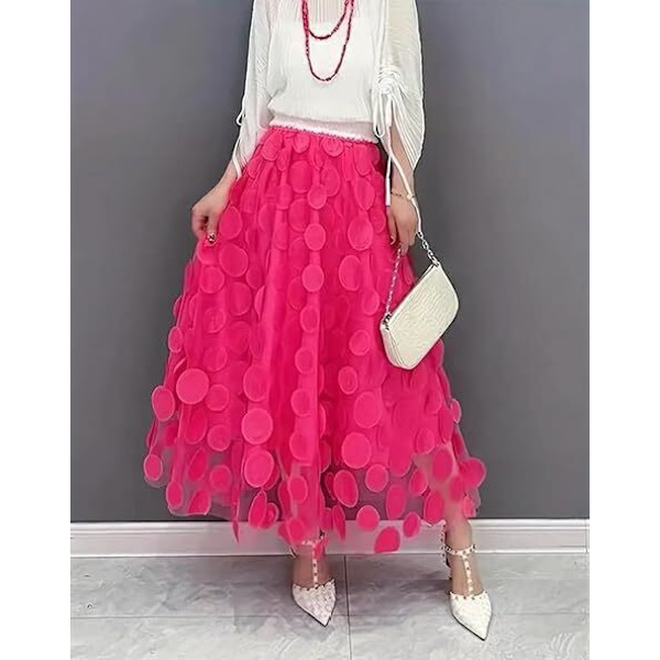 Tullkjol Kvinnor 3D Polka Dot Mesh Flytande A-Linje Midi Kjolar rose red