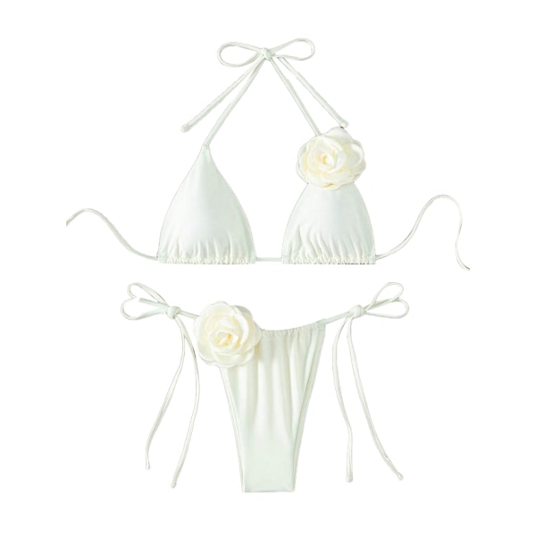 Dam 2-delad 3D Ros Bikini Baddräkt Hög Midja Badkläder Strandkläder White M