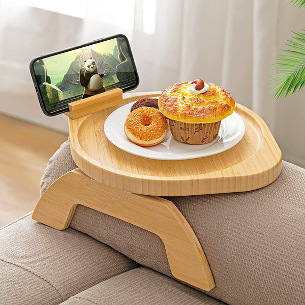Soffarm bordsklämma på brickbord, bambu soffarmstöd bricka med telefonhållare