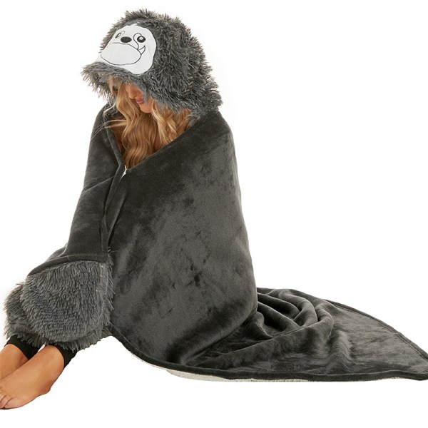 Sloth bärbar huvfilt för vuxna - Mjuk varm flanellhuvtröja slängkappa Gray Dog
