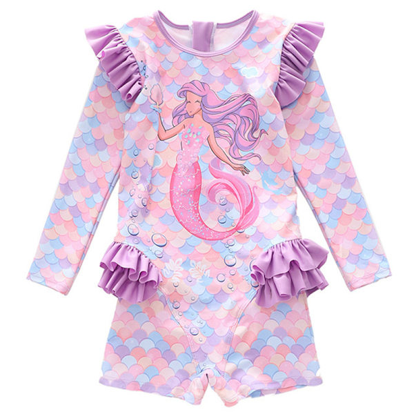 Flickor Mermaid Ruffle Långärmad En Delig Baddräkt med UV-skydd Solskydd Color 5 4XL