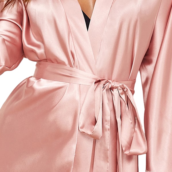 Silke Kimono Morgenkåber til Kvinder med Plys Brudeskikkelse Satin Badekåbe pink L