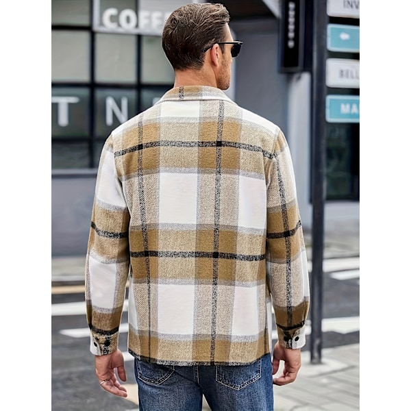 Mænds Flannelskjorte Casual Knapløs Plaid Skjortejakke khaki M