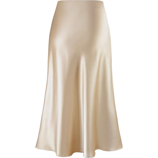 Kvinners Lange Satin Skjørt Silke Elegant Høy Midje Flare A-Line Midi Skjørt champagne M