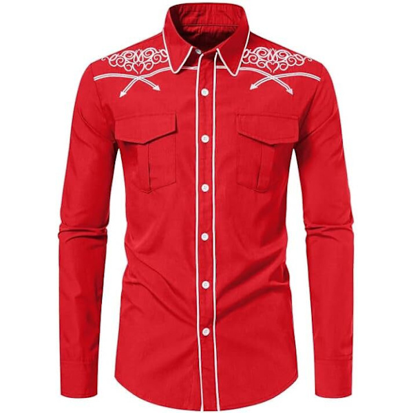 Miesten rento pitkähihainen napitettu paita, jossa on brodeeraus Red 2 XL