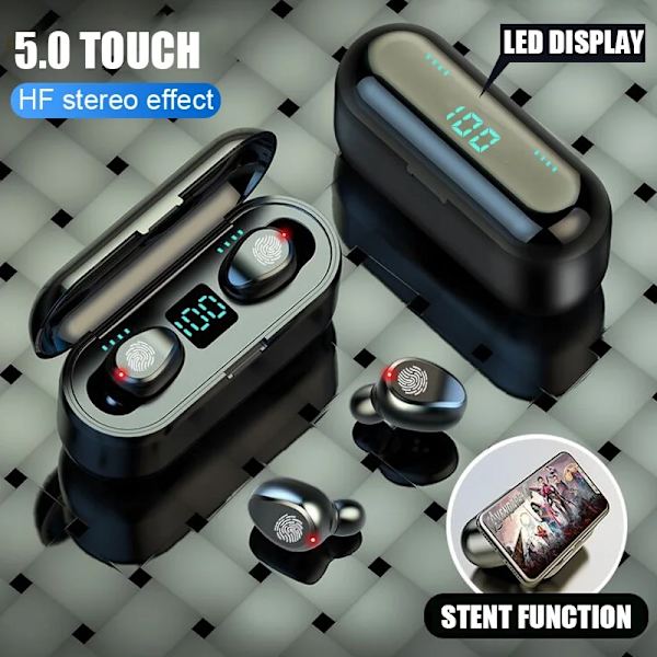 TWS Bluetooth-hodetelefoner med mikrofon, berøringskontroll, trådløse hodetelefoner Black