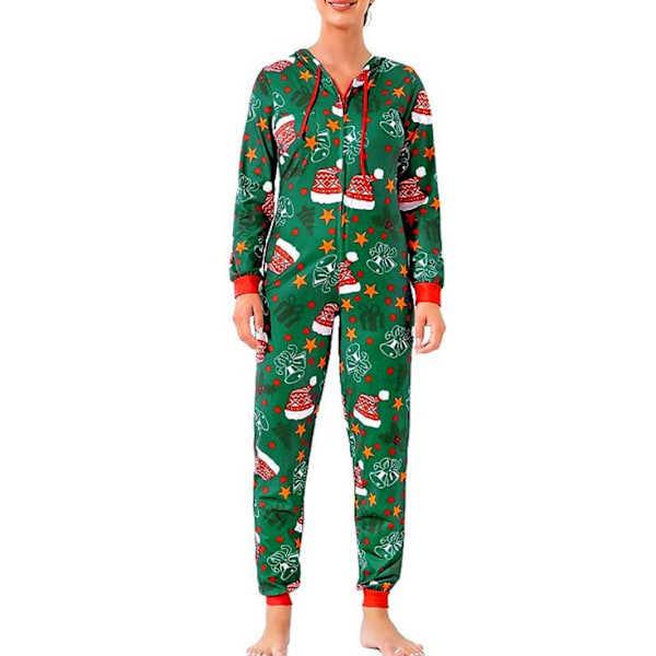 Julpyjamas för par - Söt tryck, huva och dragkedja, jumpsuit women green S