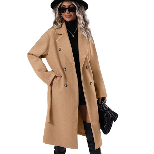 Kvinnors Lång Ull Peacoat Med Hakad Krage Dubbelknäppt Trenchcoat khaki M