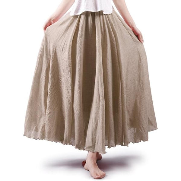Dam- och flickelastisk midja lång flytande bohemisk bomullscasual maxikjol beige 85CM