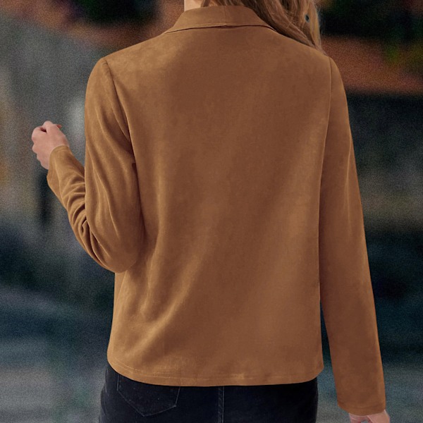 Dam Öppen Framsida Faux Suede Casual Blazer Långärmad Arbetsjacka brown M