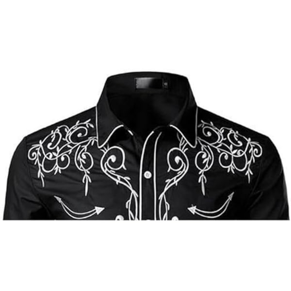 Miesten rento pitkähihainen napitettu paita, jossa on brodeeraus Black 4 2XL