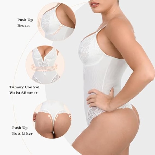 Popilush Lace Shapewear Bodysuit Kvinder V-hals Tummy Body Suit Thong White S