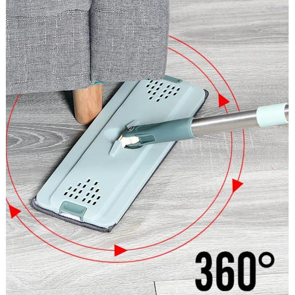 Platt Squeegee-Mopp med Hink, Händerfri Urvridning, Golvrengöringsmopp med 2 Dukar