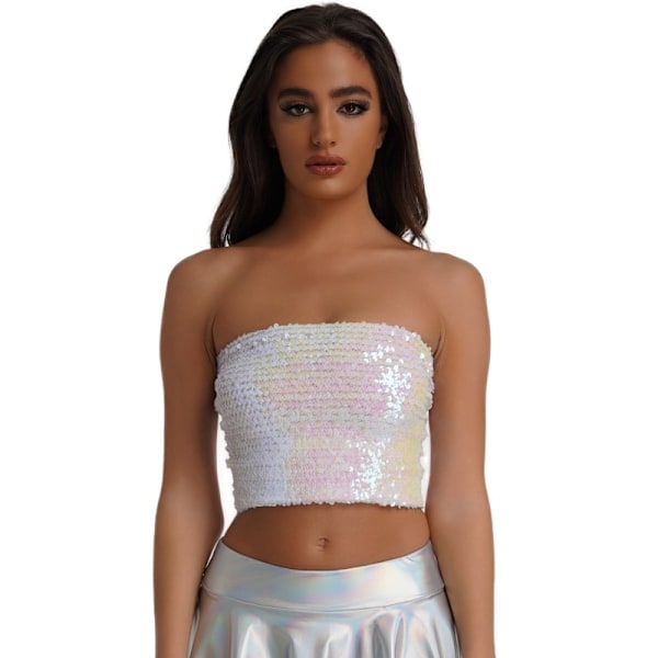 Glittrande Sekvenstop för Kvinnor, Metallisk Crop Top för Fest och Klubb White