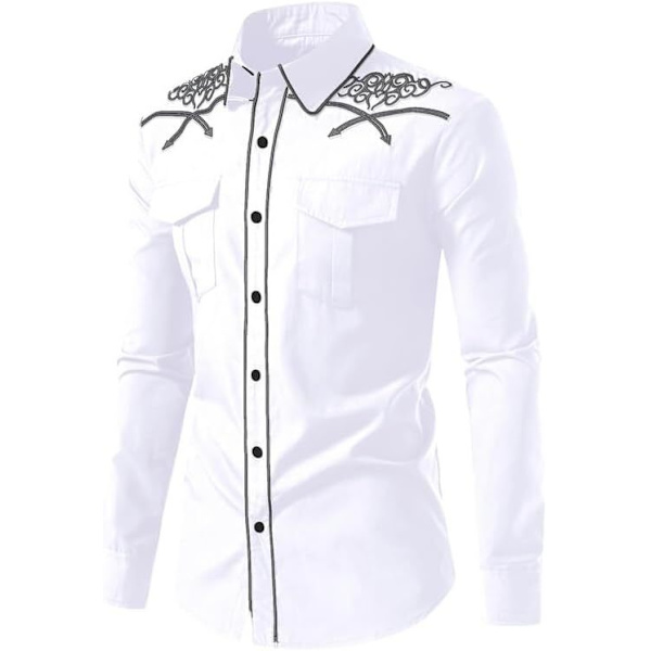 Miesten rento pitkähihainen napitettu paita, jossa on brodeeraus White 1 XL