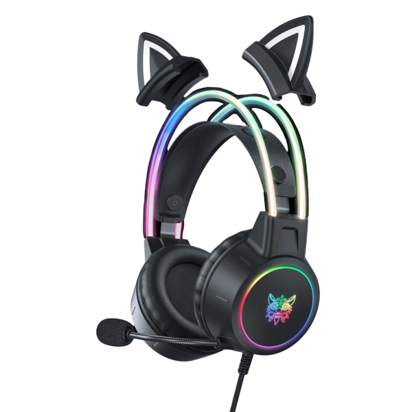 RGB Cat Ear-hörlurar, uppgraderat trådbundet spelheadset med anslutbar HD-mikrofon Black