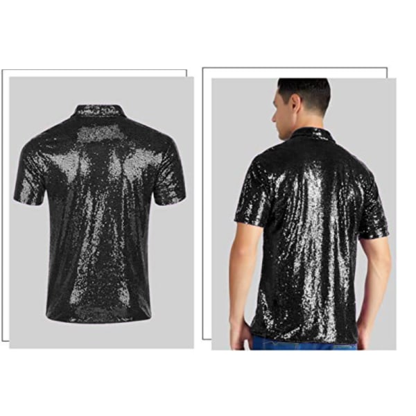 Menners Skinnende Sekvens Kort Ermet Turndown Glitter Polo T-skjorte Black S