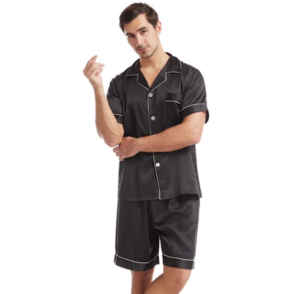 Miesten Silk Satin -pyjamasetti, lyhythihainen paita ja shortsit black S