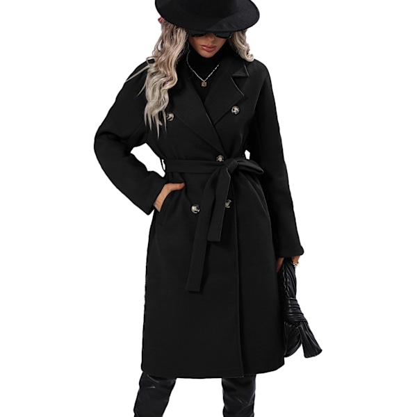 Lang ullkåpe for kvinner med hakket revers, dobbeltknappet trenchcoat black L