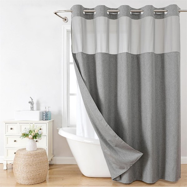 Linen-tekstuurista suihkuverho ilman koukkuihin, napitettava kangasvuorisetti grey 71W*84H