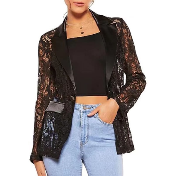 Blazer med blomstrete blonde og mesh for kvinner, lange ermer, elegant jakke M
