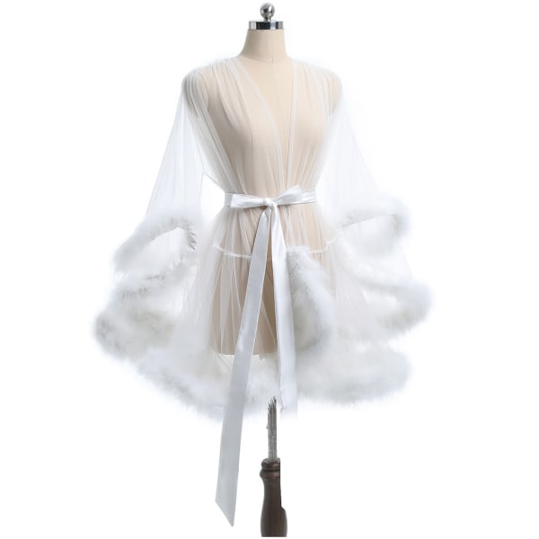 Damunderkläder Robe Lång Skir Kimono Robe Nattlinne Robe med päls White XL