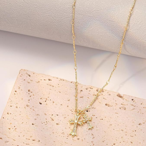 Kors Halsband 14K Guldpläterat Dubbelkors Hänge Halsband gold