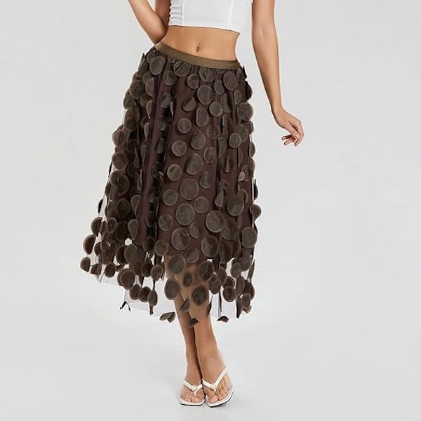 Tullkjol Kvinna 3D Polka Dot Elastisk Midja Mesh Midi Kjolar brown
