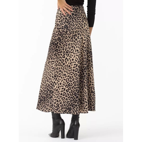 Satin Leopard Print Skjørt Højtaljet Elastisk Talje Langt Skjørt beige M