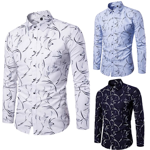 Modeherrskjorta Casual Blommig Bomulls Skjorta för Män White XL