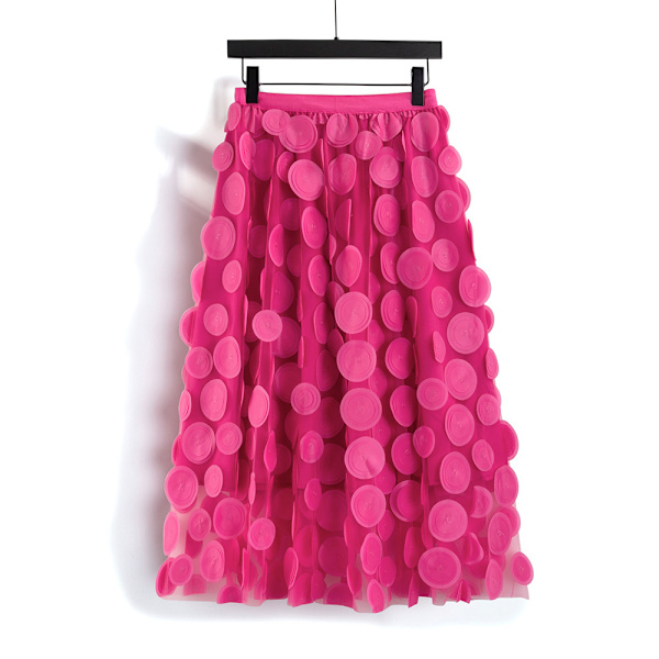 Tullkjol Kvinnor 3D Polka Dot Mesh Flytande A-Linje Midi Kjolar rose red