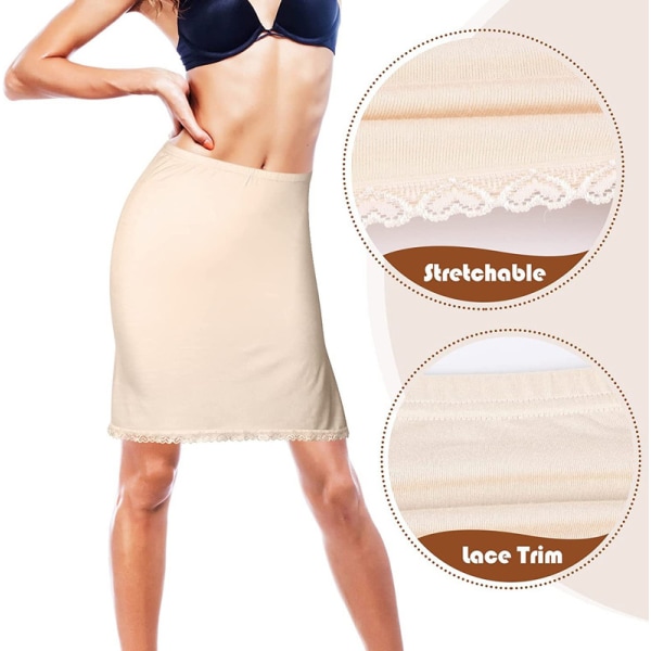 Kvinners Inner Half Slip, Anti-Kling Underskjørt Blonder Trim Over Kneet Half Slip Skjørt Black(50cm) L